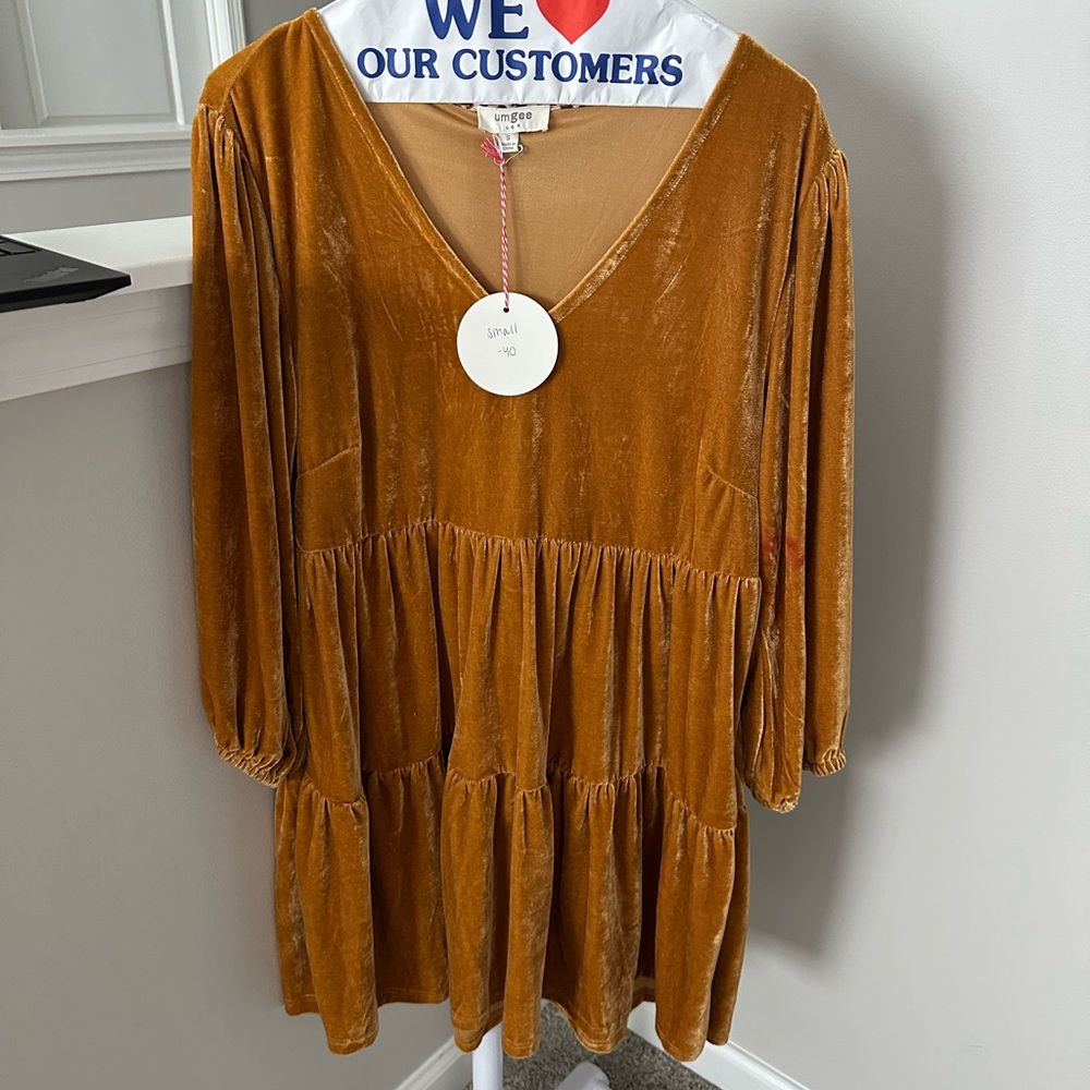 Umgee Mustard Velvet V-Neck Tiered Dress